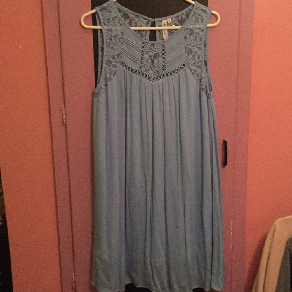 Blue dress with lace detailing.